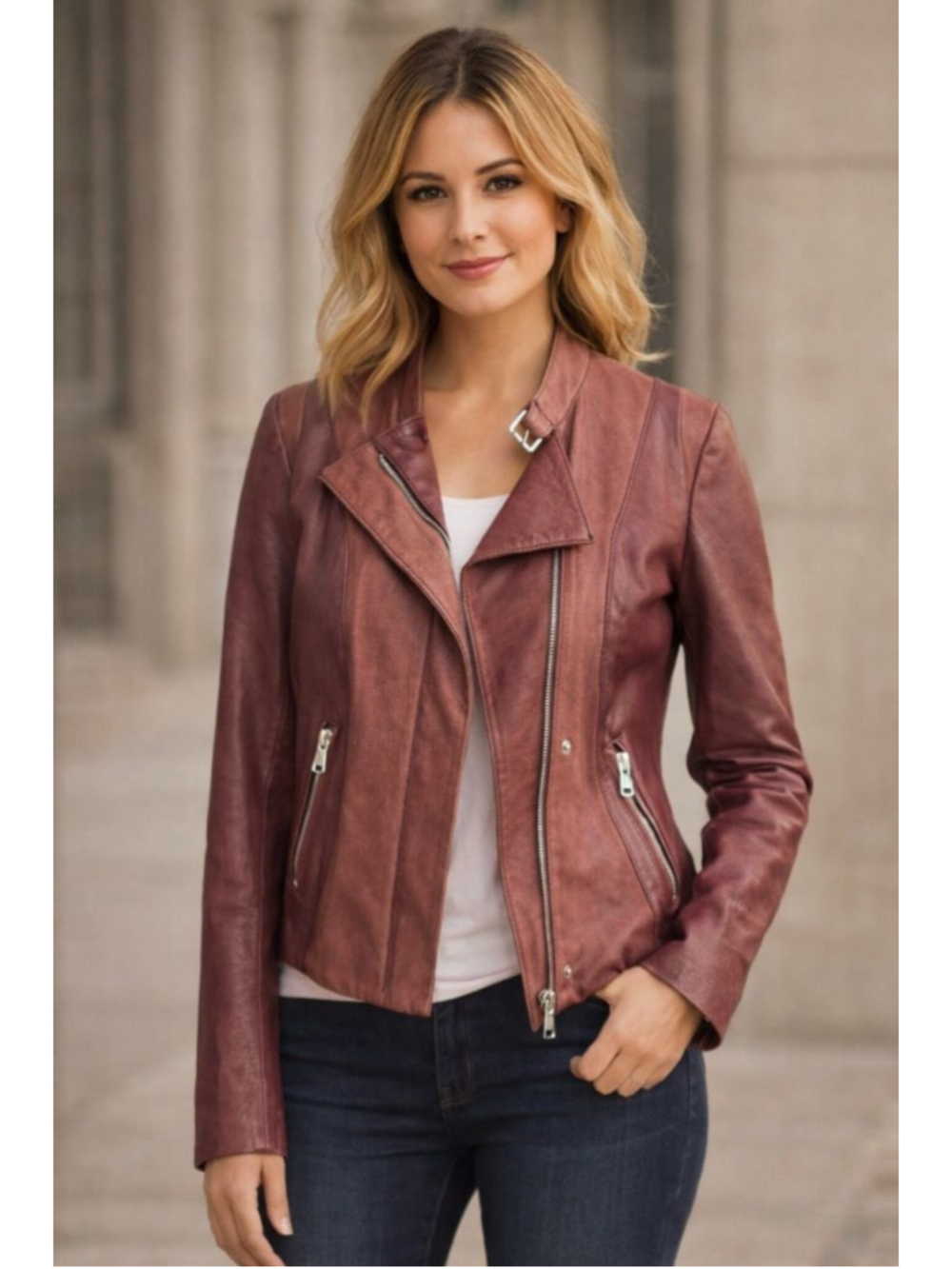 Andrew Marc Genuine Leather Moto Jacket XS Burgundy/Mauve Rose Textured Panel